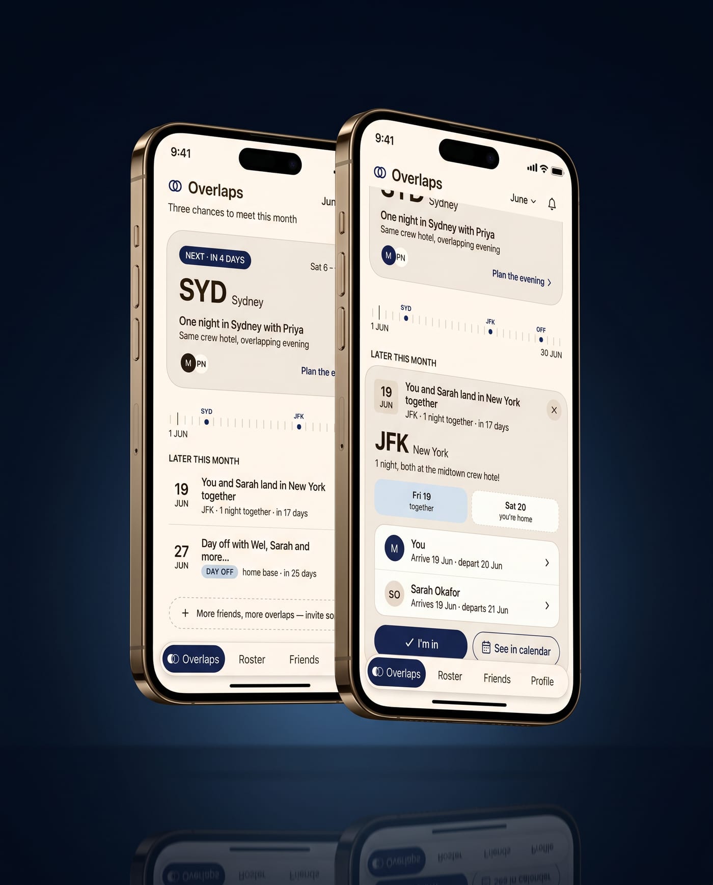 The Overlap app on two overlapping iPhones — the Overlaps feed and an expanded layover card